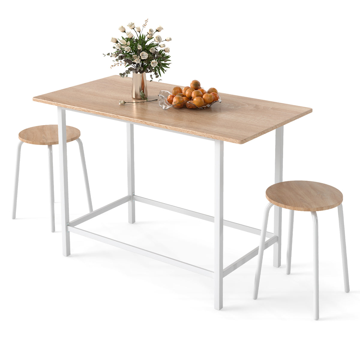 3-Piece Dining Set with 2 Round Chairs and Adjustable Foot Pads-Natural