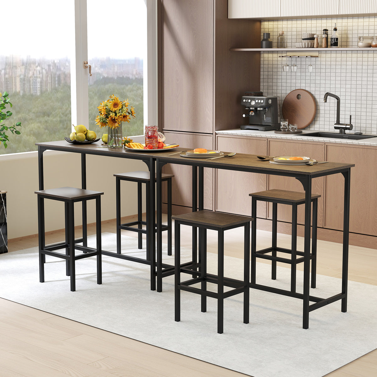 3-Piece Dining Table Set with High Top Rectangular Pub Table and Chairs-Grey