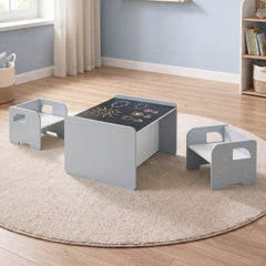 3 Pieces Kids Table and Chair Set with Chalkboard for Home-Grey