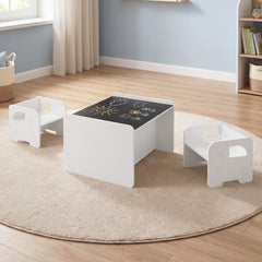 3 Pieces Kids Table and Chair Set with Chalkboard for Home-White