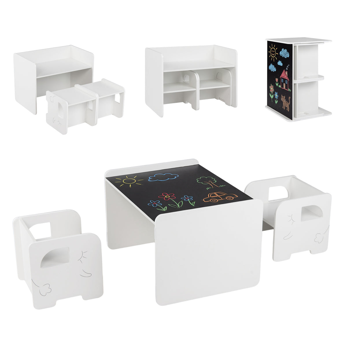 3 Pieces Kids Table and Chair Set with Chalkboard for Home-White