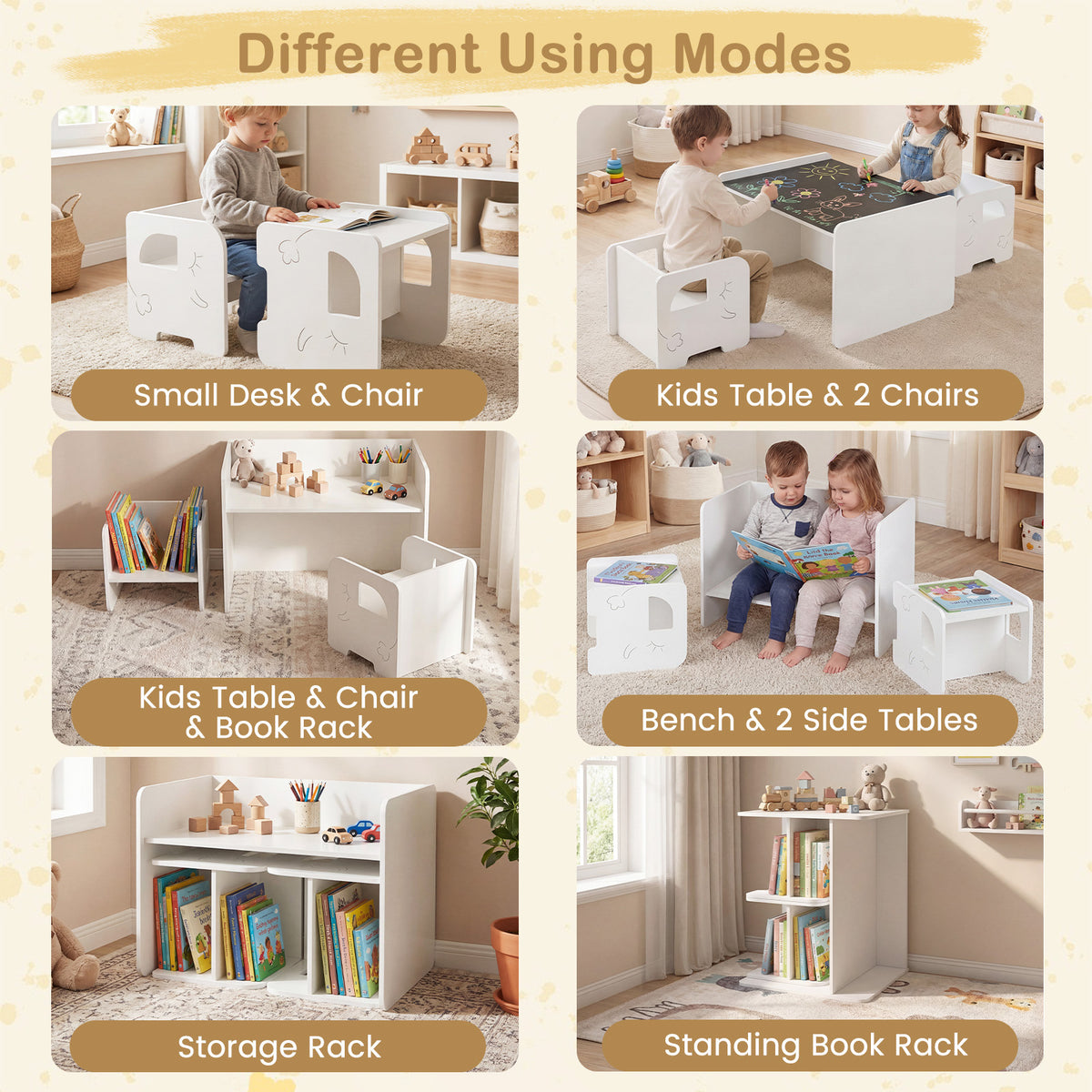 3 Pieces Kids Table and Chair Set with Chalkboard for Home-White