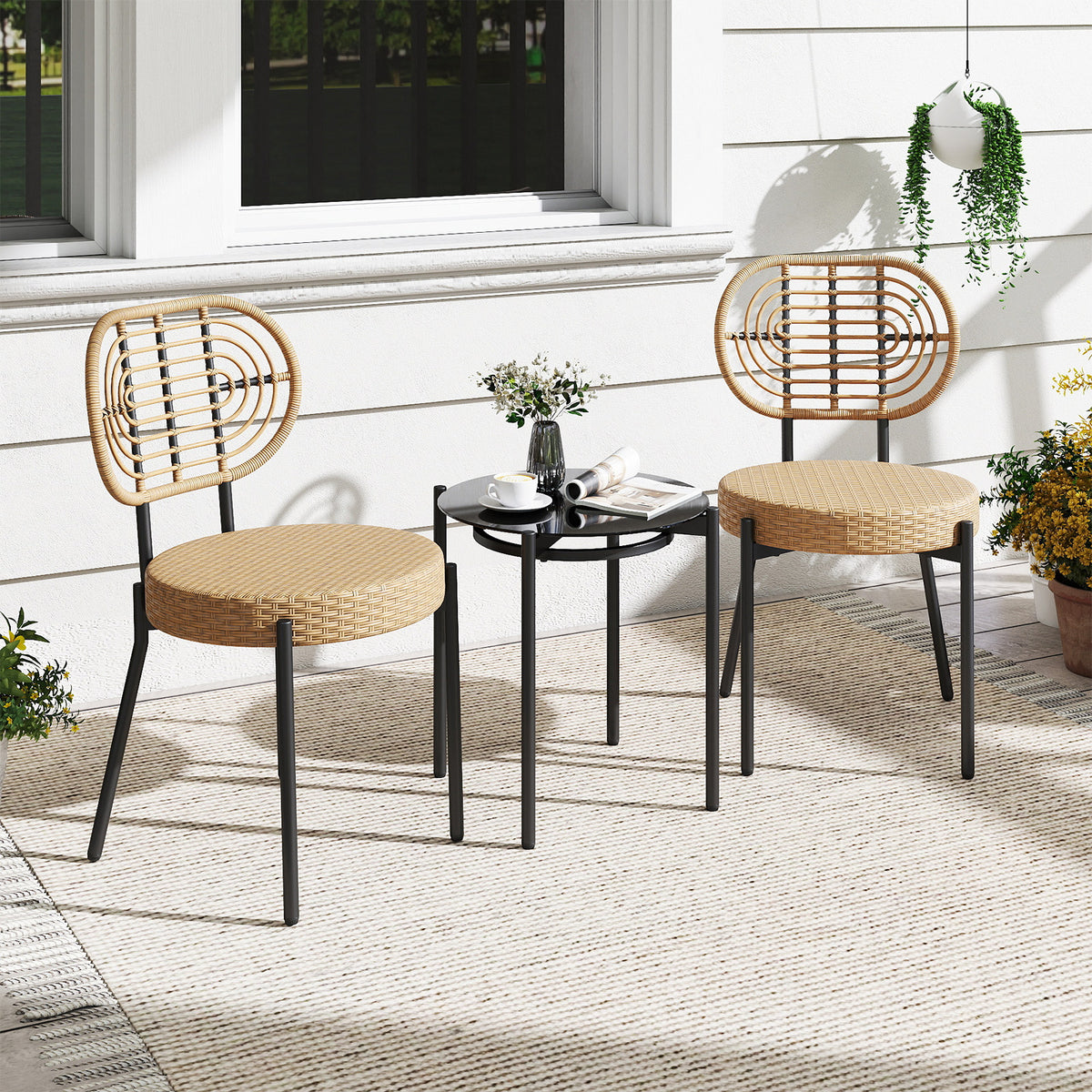 3 Pieces PE Wicker Outdoor Bistro Set Patio Conversation Set with Tempered Glass Coffee Table and Rattan Chairs-Brown
