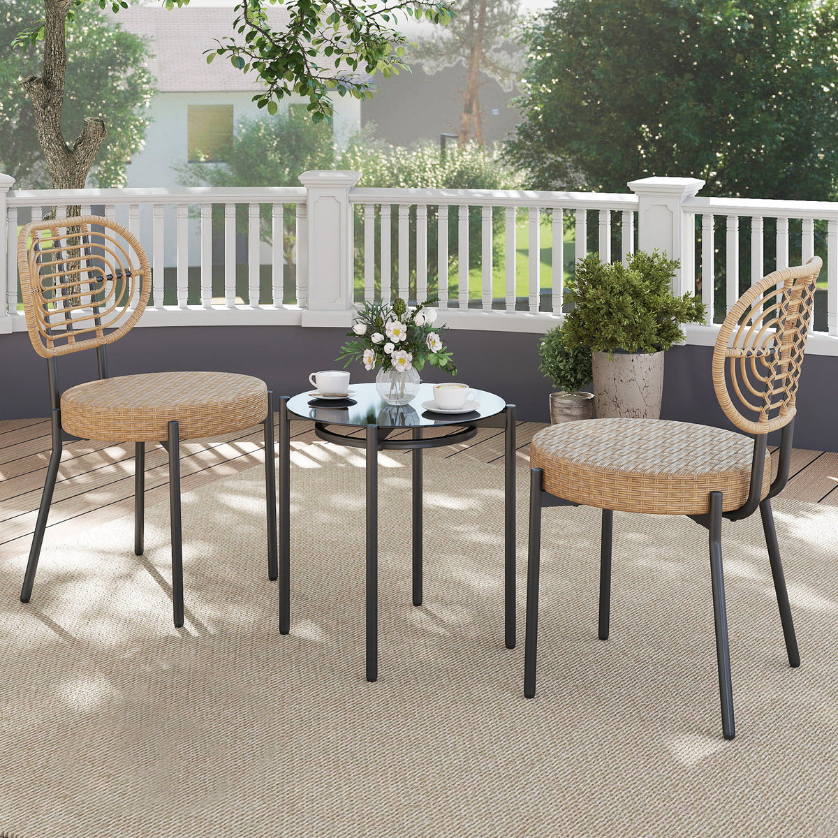 3 Pieces PE Wicker Outdoor Bistro Set Patio Conversation Set with Tempered Glass Coffee Table and Rattan Chairs-Brown