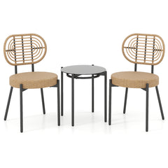 3 Pieces PE Wicker Outdoor Bistro Set Patio Conversation Set with Tempered Glass Coffee Table and Rattan Chairs-Brown