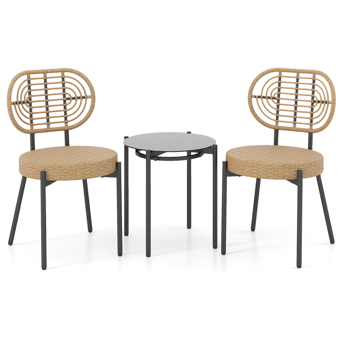 3 Pieces PE Wicker Outdoor Bistro Set Patio Conversation Set with Tempered Glass Coffee Table and Rattan Chairs-Brown