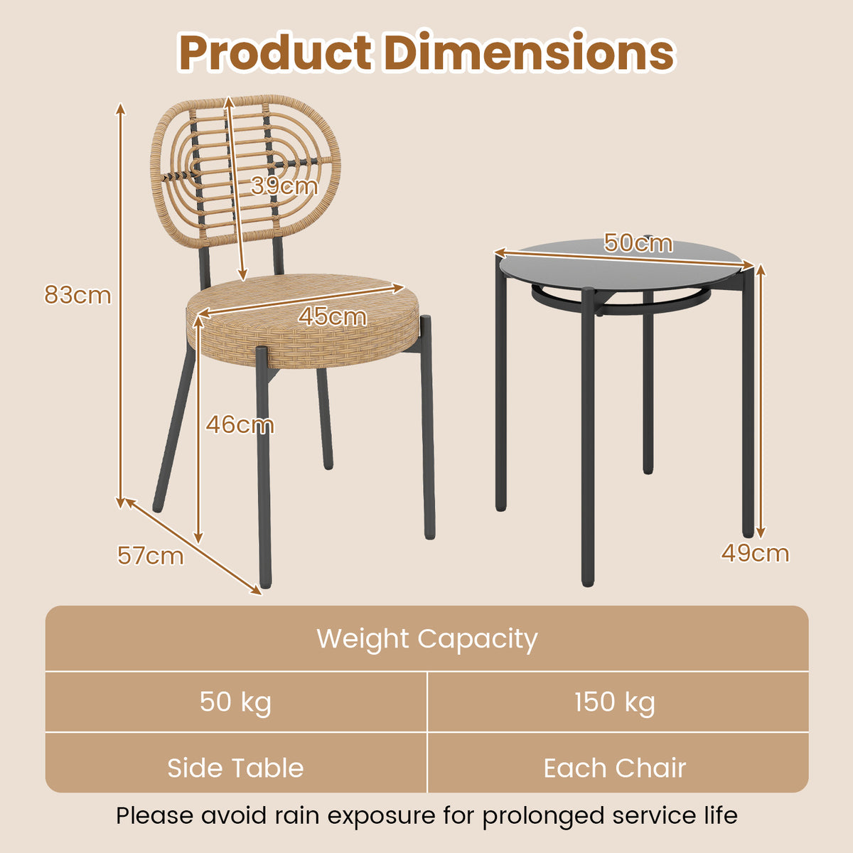 3 Pieces PE Wicker Outdoor Bistro Set Patio Conversation Set with Tempered Glass Coffee Table and Rattan Chairs-Brown