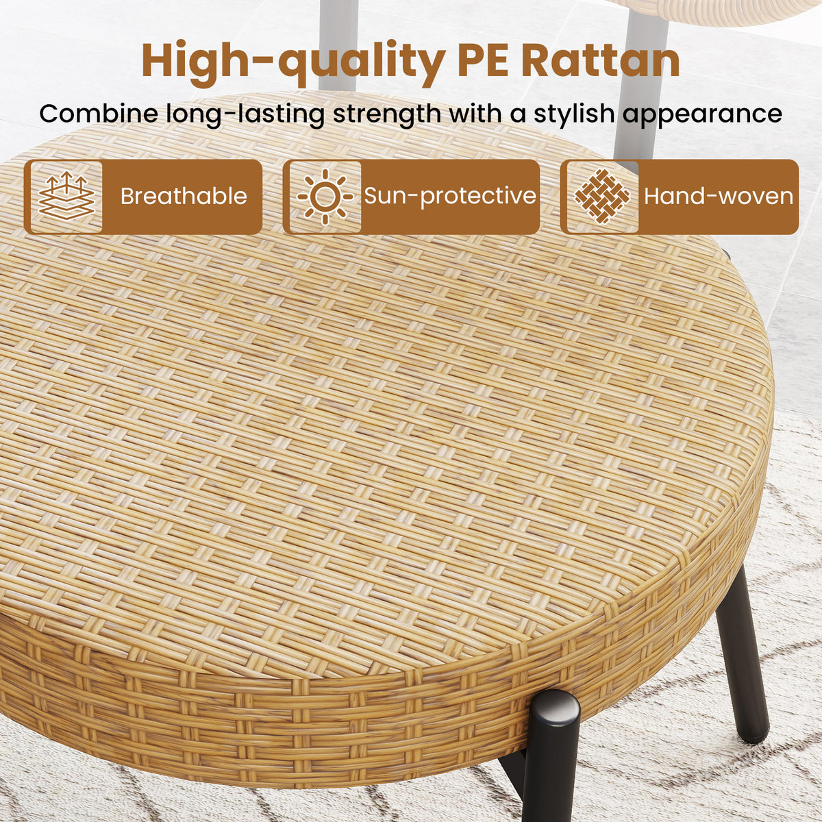 3 Pieces PE Wicker Outdoor Bistro Set Patio Conversation Set with Tempered Glass Coffee Table and Rattan Chairs-Brown