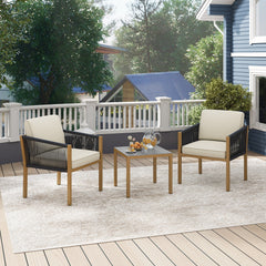 3 Pieces Patio Bistro Set Woven Rope Outdoor Conversation Set with Cushions-Beige