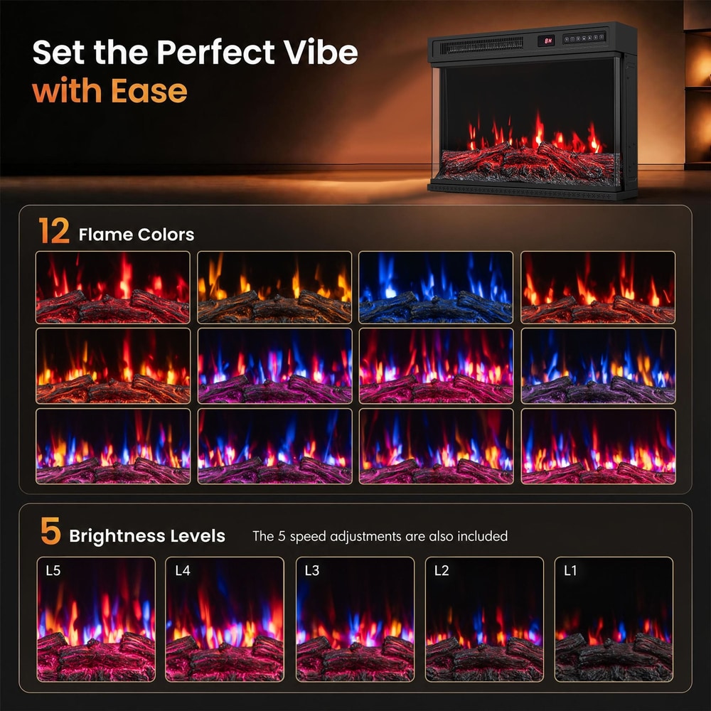 3-Sided Built-in Electric Fireplace Insert with 12 Flame Colours Thermostat and 8H Timer-61 cm