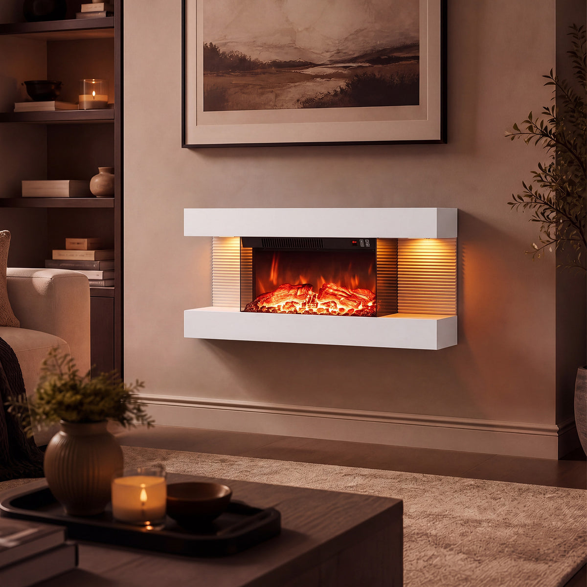 3-Sided Wall Mount Electric Fireplace with 12 Flame and Ambient Colors for Indoor-82cm