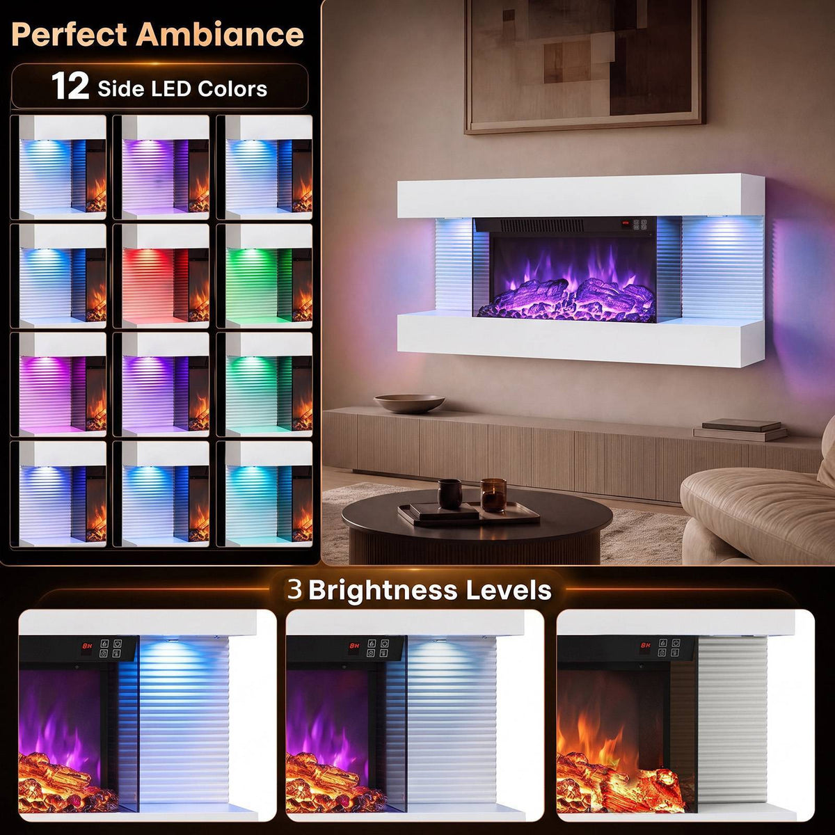 3-Sided Wall Mount Electric Fireplace with 12 Flame and Ambient Colors for Indoor-82cm