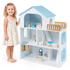 3-Story Wooden Dollhouse Playset with 5 Rooms and Furniture Accessories-Blue