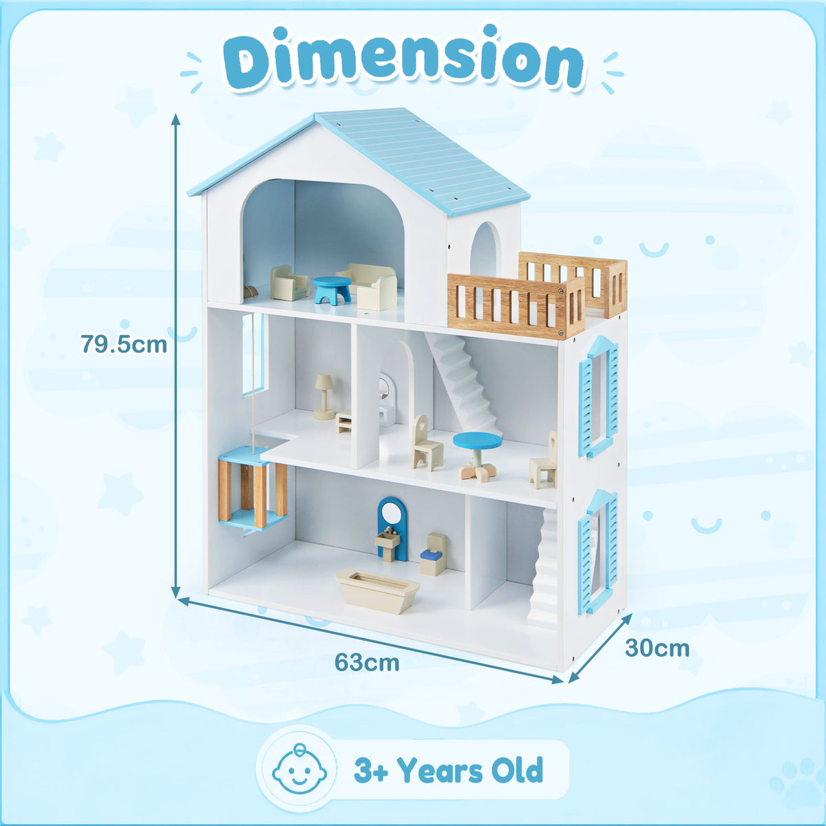 3-Story Wooden Dollhouse Playset with 5 Rooms and Furniture Accessories-Blue