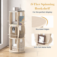 3-Tier 360° Spinning Bookshelf Tower with Display Stands for Small Spaces-White Oak