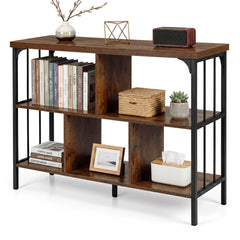 3-Tier Bookshelf with 2 Anti-Tipping Kits Metal Frame and Fencing-Rustic Brown