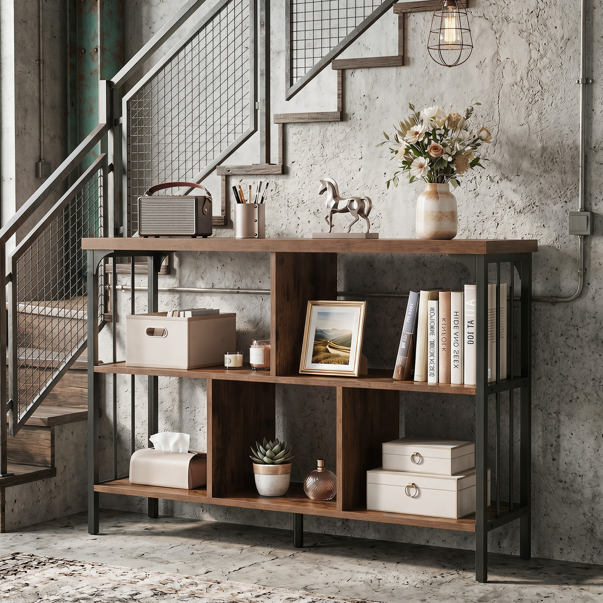 3-Tier Bookshelf with 2 Anti-Tipping Kits Metal Frame and Fencing-Rustic Brown