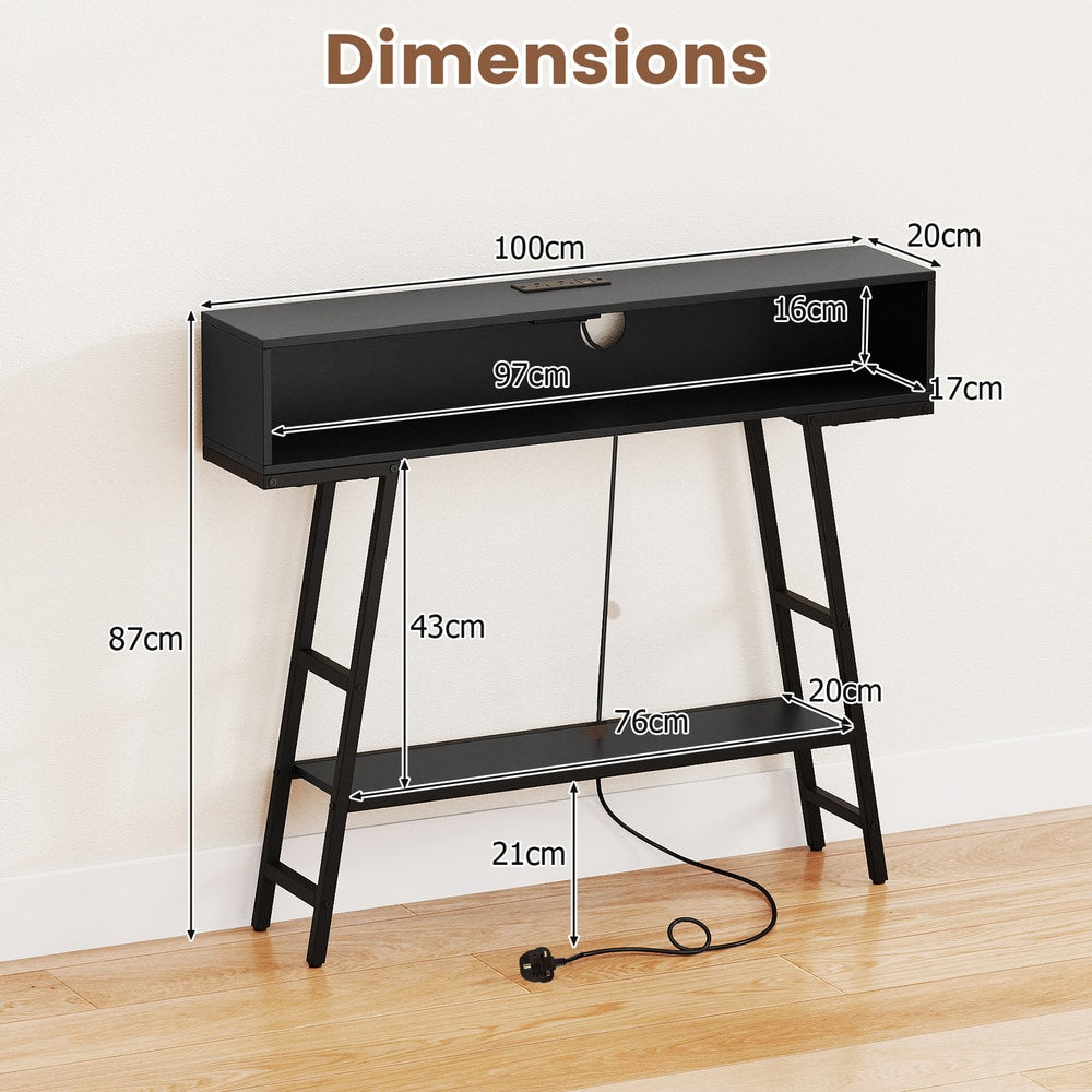 The console table with technical lines and labels indicating the product dimensions