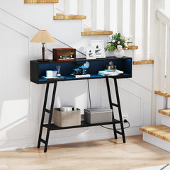 3-Tier Console Table with LED Light and Charging Station-Black
