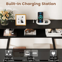 The console table top surface featuring a charging station with power and port details