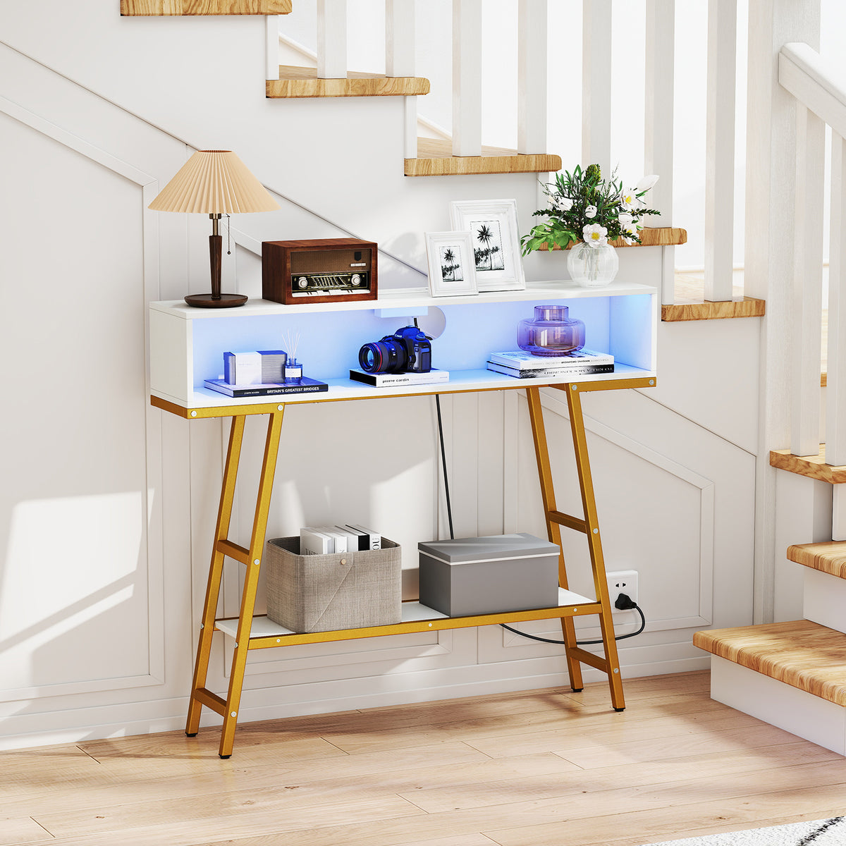 3-Tier Console Table with LED Light and Charging Station-White