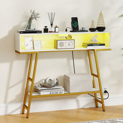 3-Tier Console Table with LED Light and Charging Station-White