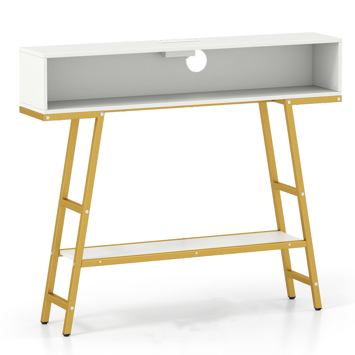 3-Tier Console Table with LED Light and Charging Station-White