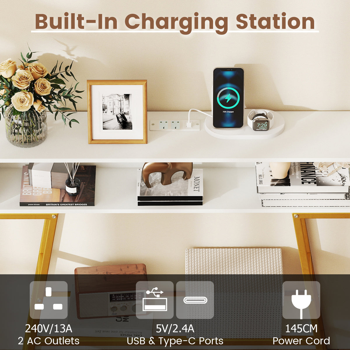 3-Tier Console Table with LED Light and Charging Station-White