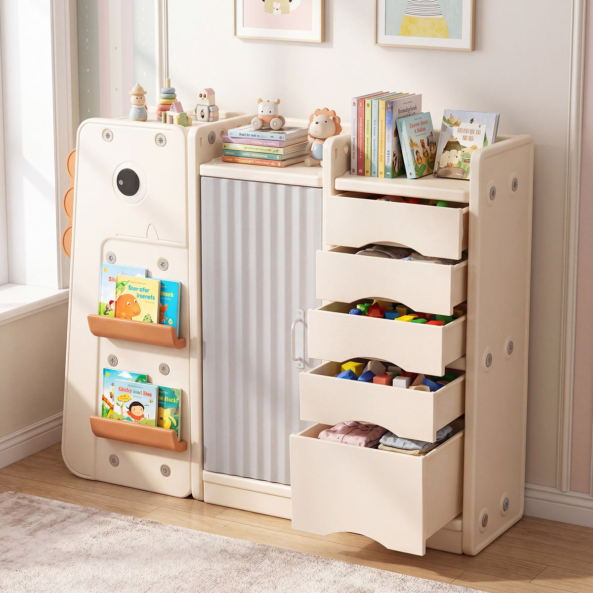 3-Tier Dinosaur Toy Chest with 5 Removable Bins and 2 Shelvesfor Playroom-Beige