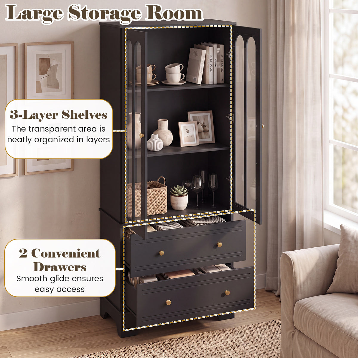 3-Tier Display Storage Cabinet with 2 Drawers and Metal Handles-Black