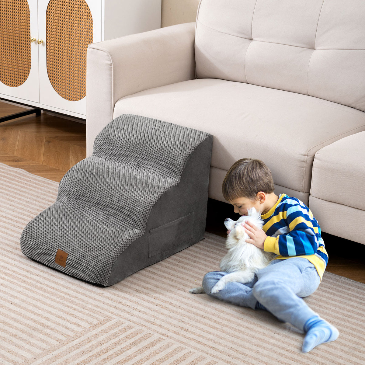 3-Tier Foam Non-Slip Dog Ramp with Gentle Slope Surface-Grey