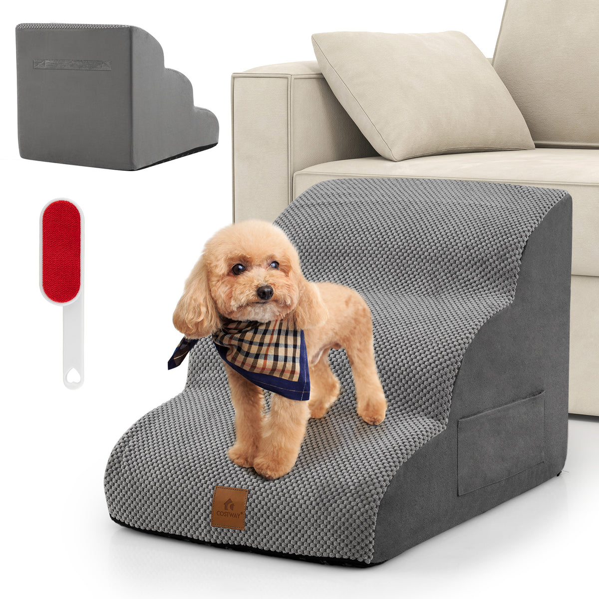 3-Tier Foam Non-Slip Dog Ramp with Gentle Slope Surface-Grey