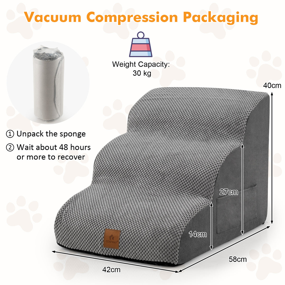 3-Tier Foam Non-Slip Dog Ramp with Gentle Slope Surface-Grey