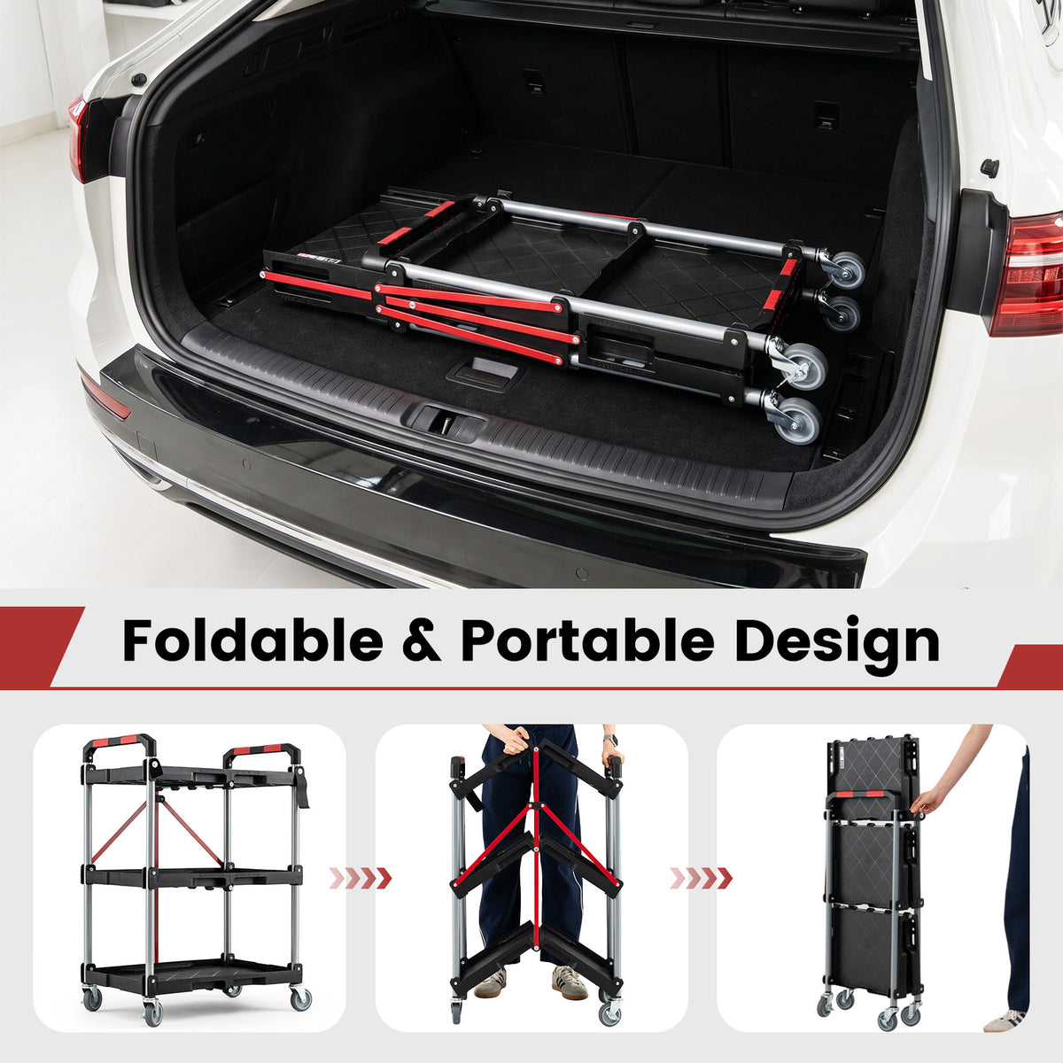 3-Tier Folding Utility Cart with 360° Swivel Wheels for Garage-Black