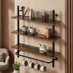 3-Tier Industrial Floating Shelves for Wall with 4 S-Shaped Hooks-Black