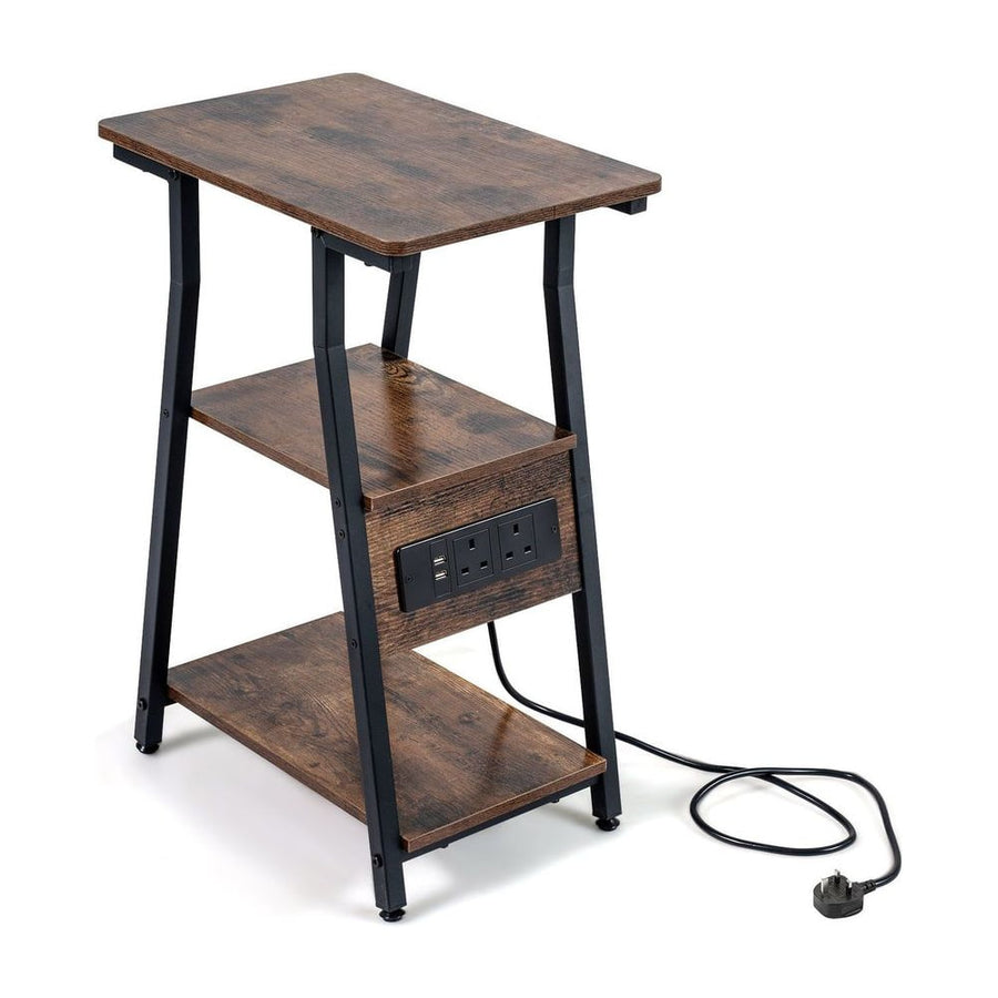 3-Tier Industrial Side Table with 2 AC Outlets 1 USB Port and 1 Type-C Port-Rustic Brown
