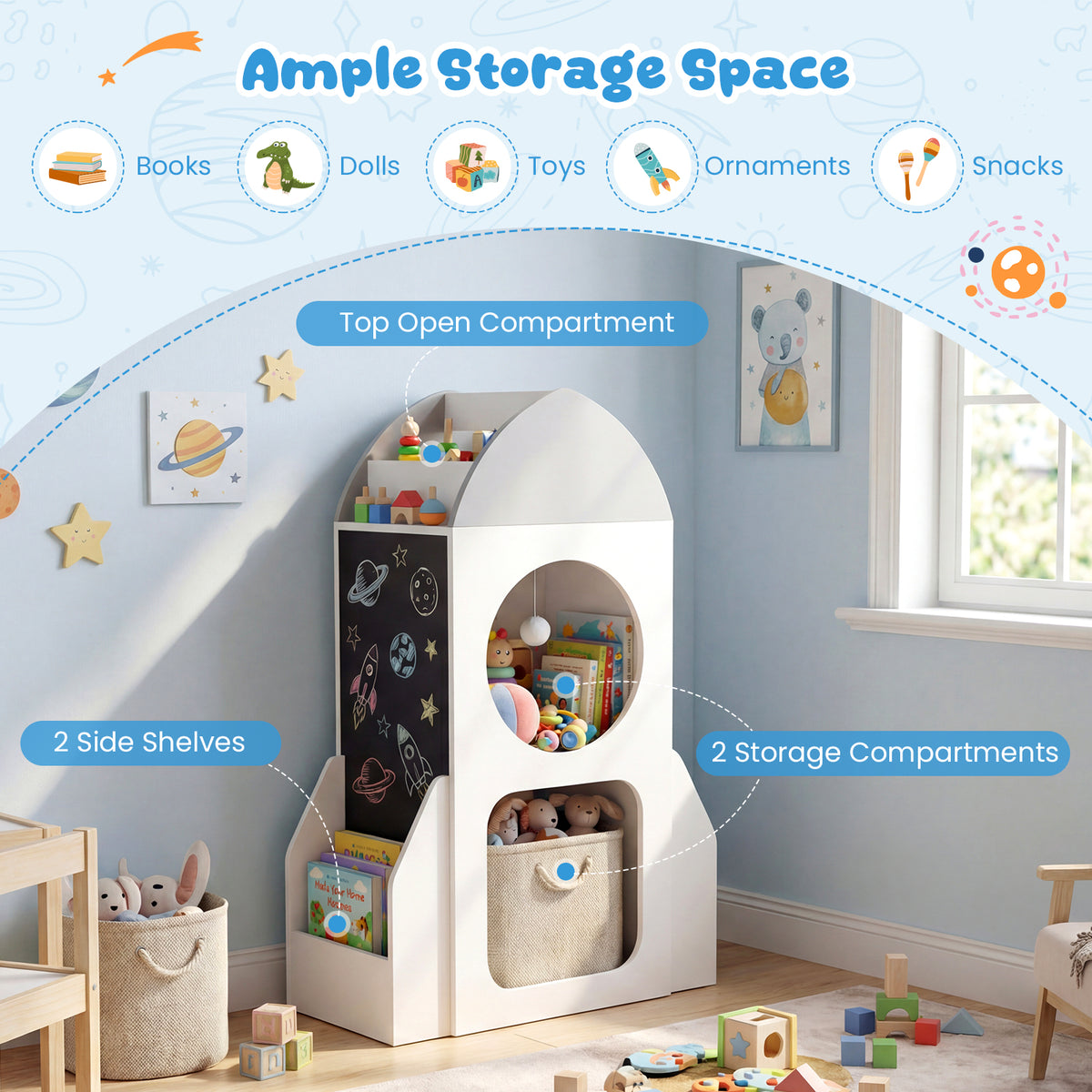 3-Tier Kids Bookshelf Rocket Space Theme Toddler Toy Storage Organizer with Chalkboard-White