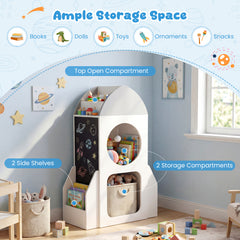 3-Tier Kids Bookshelf Rocket Space Theme Toddler Toy Storage Organizer with Chalkboard-White