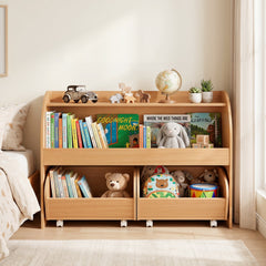 3-Tier Kids Toy Storage Organizer with 2 Rolling Drawers Bookcase for Kids Room-Natural