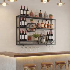 3-Tier Metal Wall Mounted Wine Rack with Glass Holder for Home Bar-Black