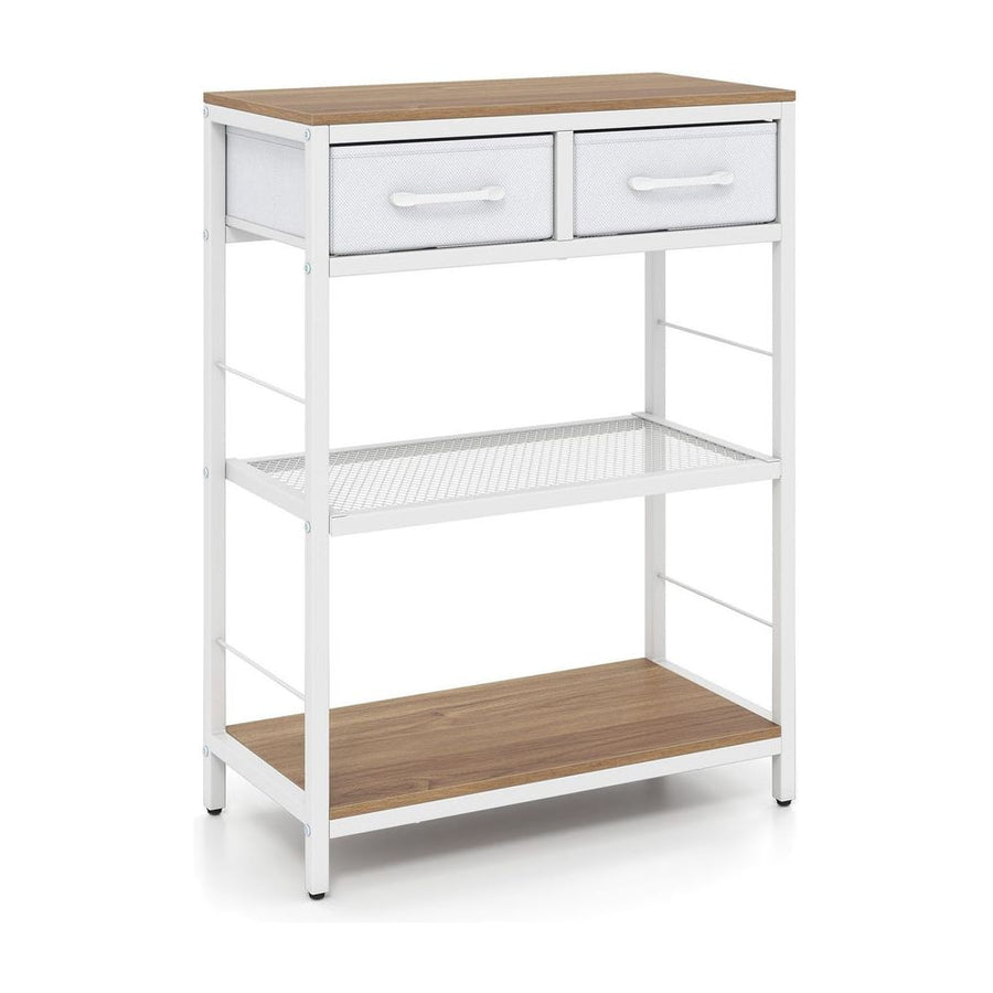3-Tier Narrow Console Table with two fabric drawers and open shelves on a white background