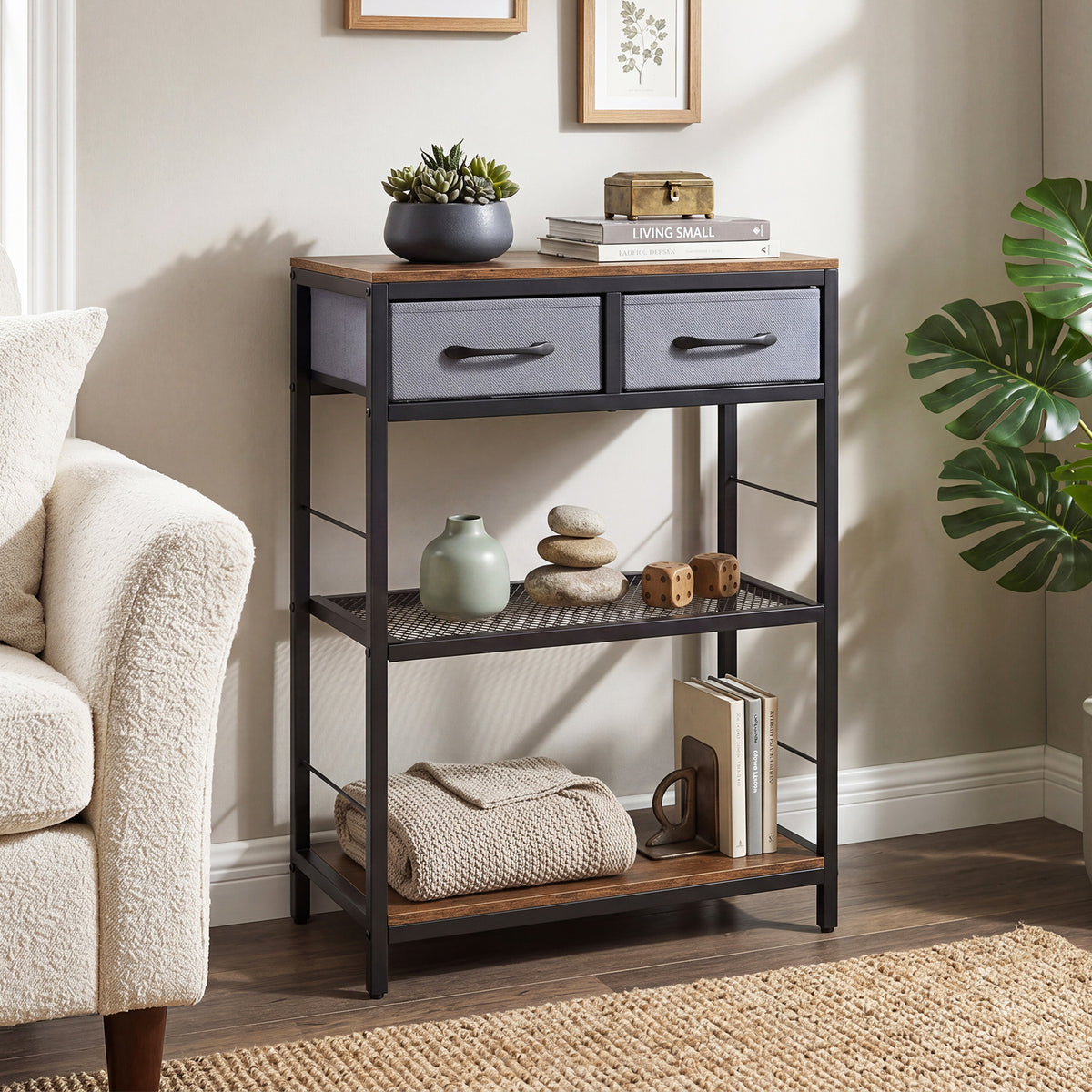 3-Tier Narrow Console Table with 2 Fabric Drawers and Open Shelves-Rustic Brown