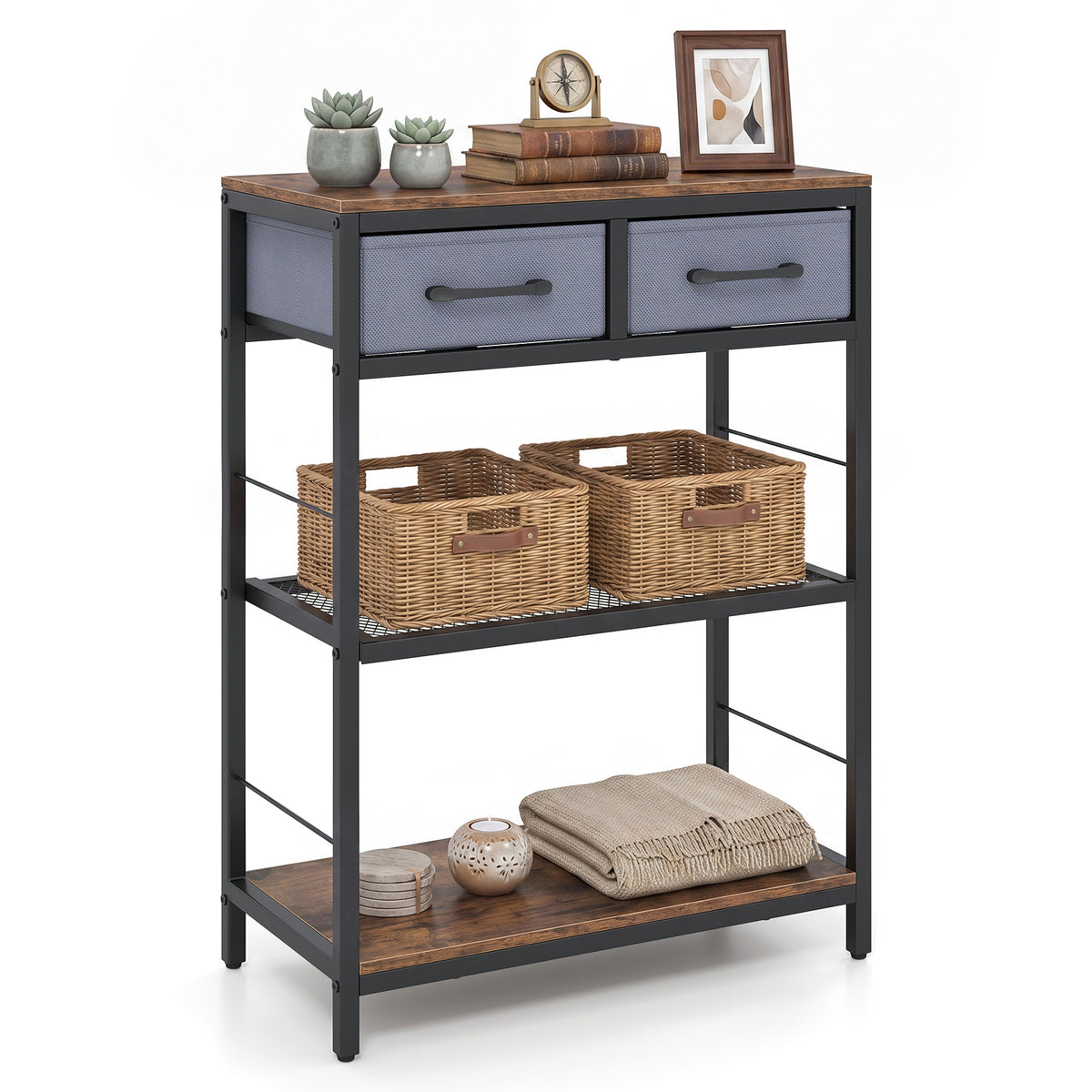3-Tier Narrow Console Table with 2 Fabric Drawers and Open Shelves-Rustic Brown