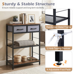 3-Tier Narrow Console Table with 2 Fabric Drawers and Open Shelves-Rustic Brown