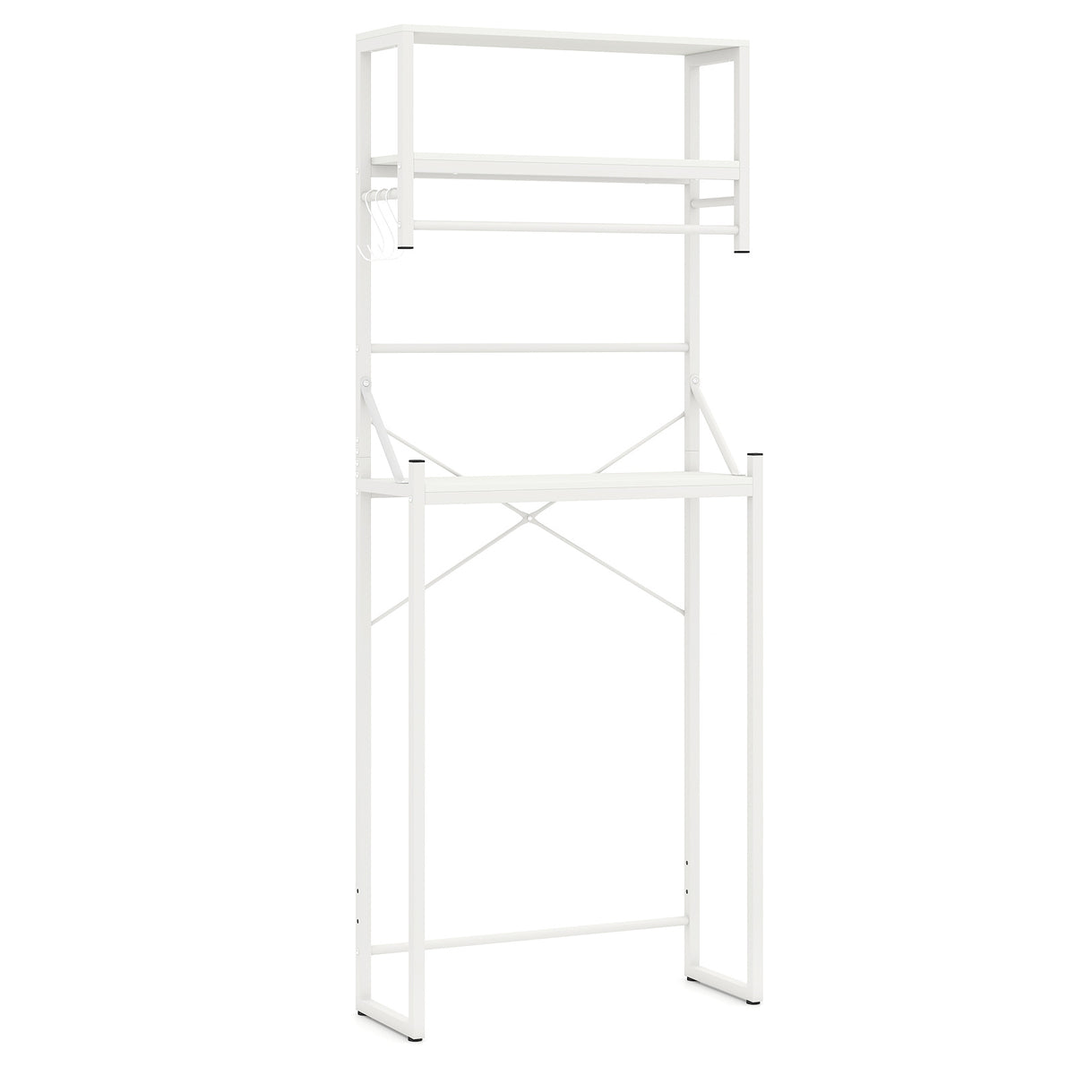 The empty white metal frame of the bathroom storage unit showing the three tiered shelves
