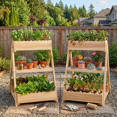 3-Tier Raised Garden Bed with 3 Planter Boxes and 2 Storage Shelves-Natural