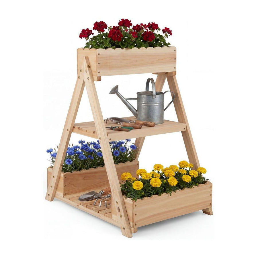 3-Tier Raised Garden Bed with 3 Planter Boxes and 2 Storage Shelves-Natural
