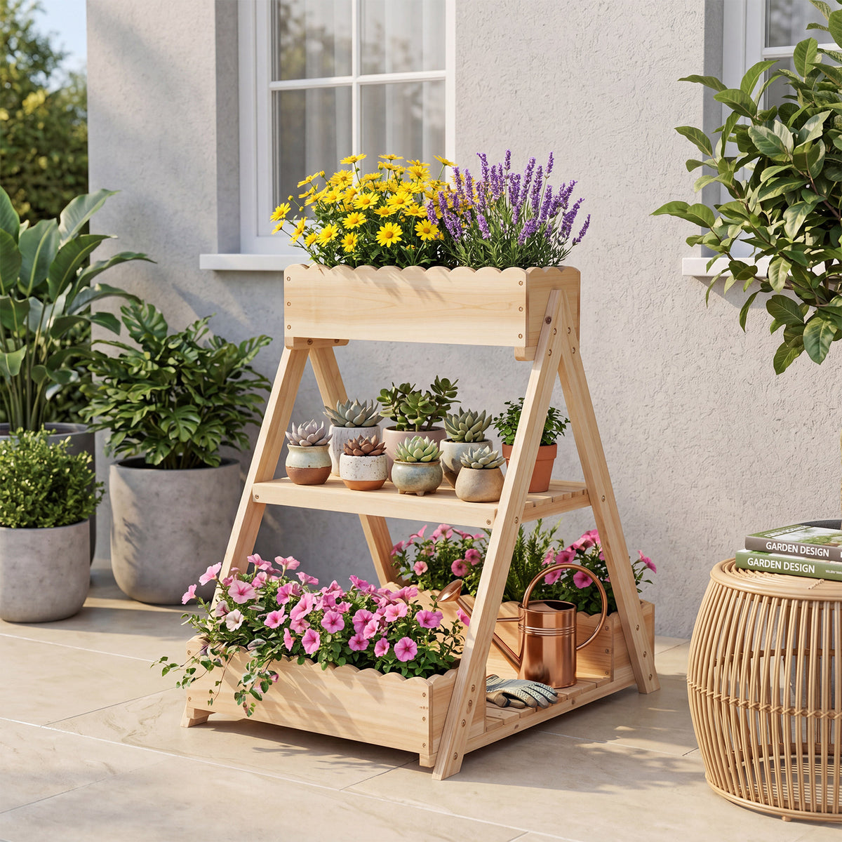 3-Tier Raised Garden Bed with 3 Planter Boxes and 2 Storage Shelves-Natural