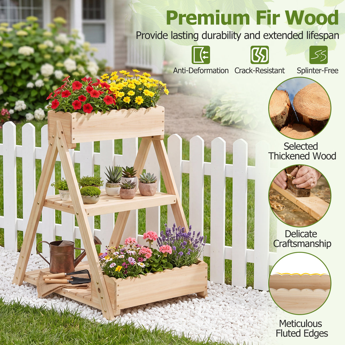 3-Tier Raised Garden Bed with 3 Planter Boxes and 2 Storage Shelves-Natural