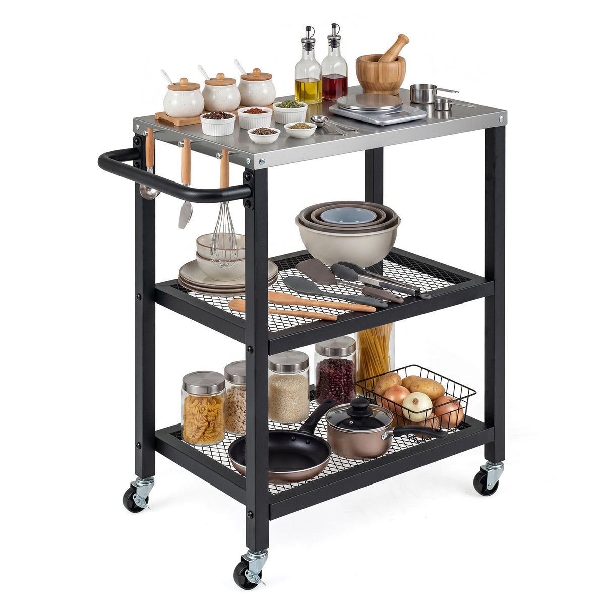 3-Tier Rolling Grill Cart with Stainless Top and Hanging Posts for Kitchen-Black